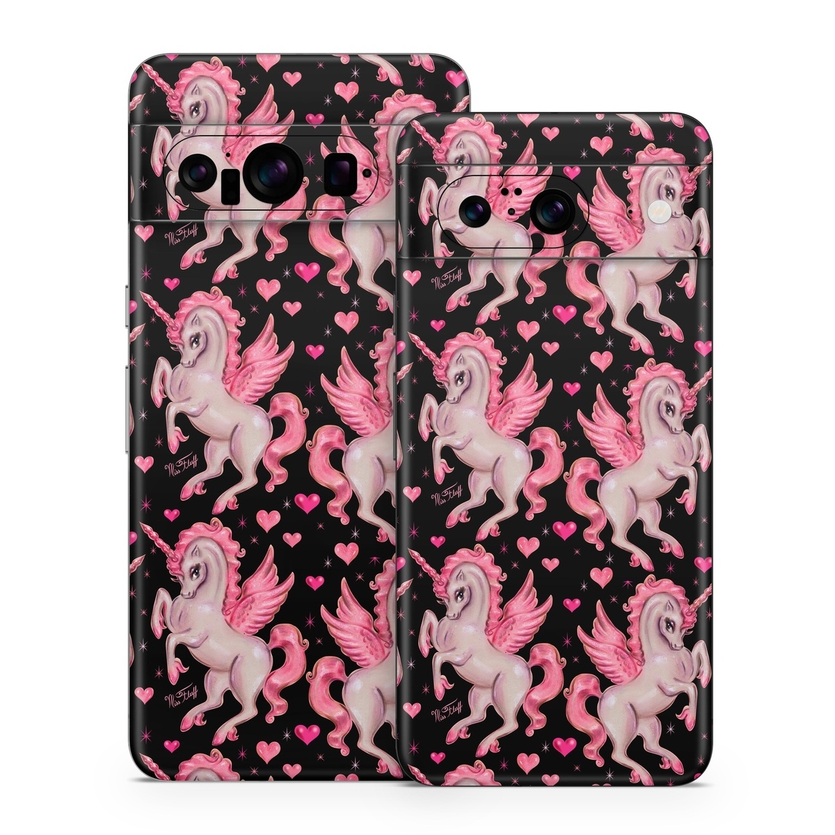 Google Pixel 8 Series Skin design of Pink, Pattern, Fictional character, Design, Illustration, Font, Unicorn, Graphic design, Mythical creature, Art, with black, pink colors