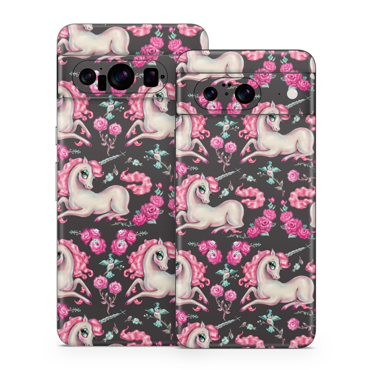 Google Pixel 8 Series Skin design of Pink, Horse, Pony, Fictional character, Unicorn, Mythical creature, Mane, Textile, Animal figure, Illustration, with white, pink, blue, black, red colors