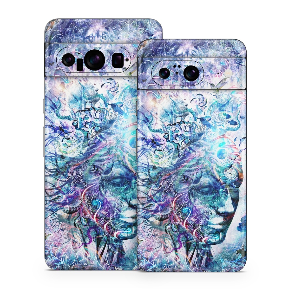 Google Pixel 8 Series Skin design of Psychedelic art, Water, Fractal art, Art, Pattern, Graphic design, Design, Illustration, Electric blue, Visual arts, with blue, purple, green, red, gray, white colors