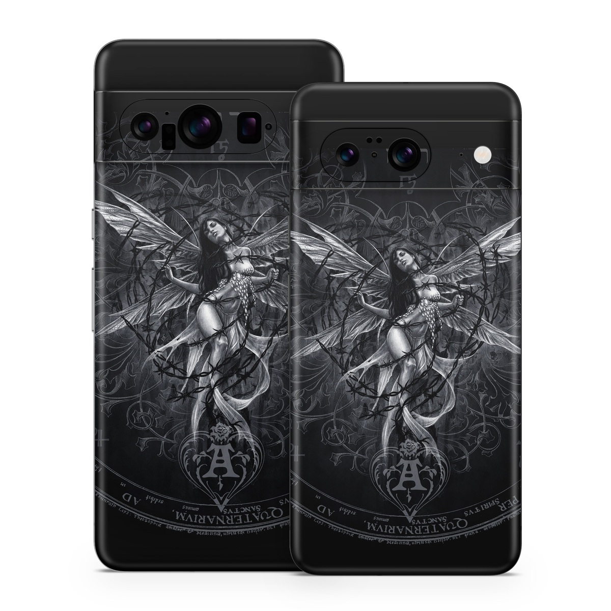 Google Pixel 8 Series Skin design of Illustration, Graphic design, Darkness, Fictional character, Black-and-white, Pattern, Graphics, Mythical creature, Circle, Wing, with black, white colors
