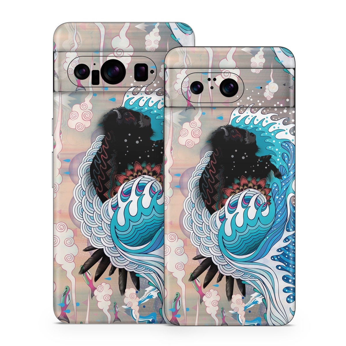 Google Pixel 8 Series Skin design of Blue, Turquoise, Illustration, Aqua, Graphic design, Pattern, Art, Design, Graphics, Visual arts, with gray, blue, black, pink, white colors