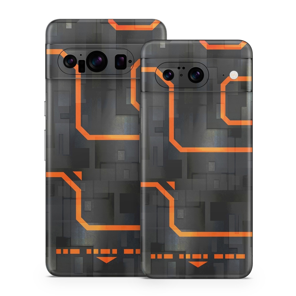 Google Pixel 8 Series Skin design of Orange, Font, Parallel, Pattern, Graphics, Rectangle, Logo, Brand, Graphic design, Event, with black, orange colors