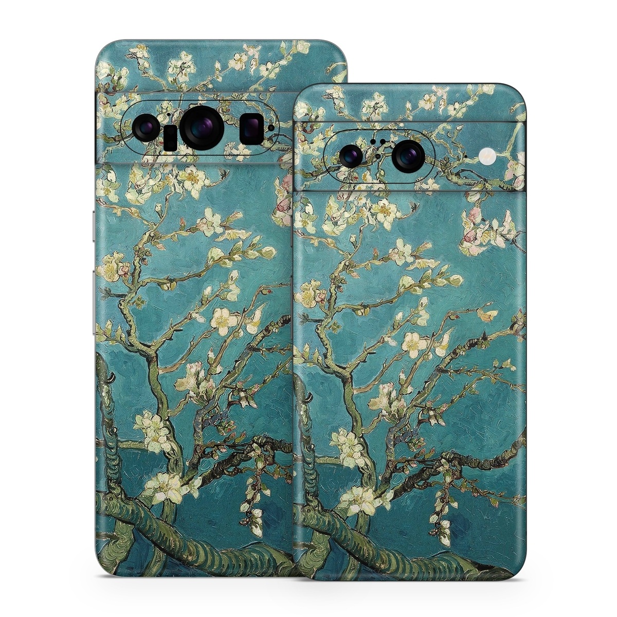 Google Pixel 8 Series Skin design of Tree, Branch, Plant, Flower, Blossom, Spring, Woody plant, Perennial plant, with blue, black, gray, green colors