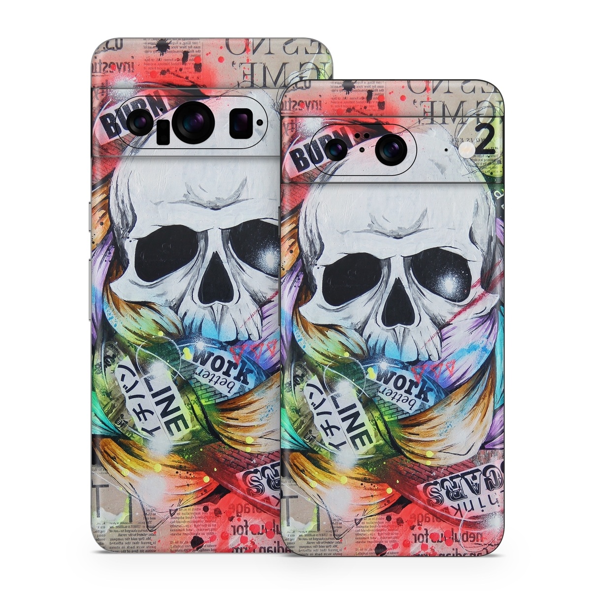 Google Pixel 8 Series Skin design of Street art, Text, Graphic design, Font, Illustration, Art, Graffiti, Skull, Poster, Advertising, with gray, black, red, green, blue colors