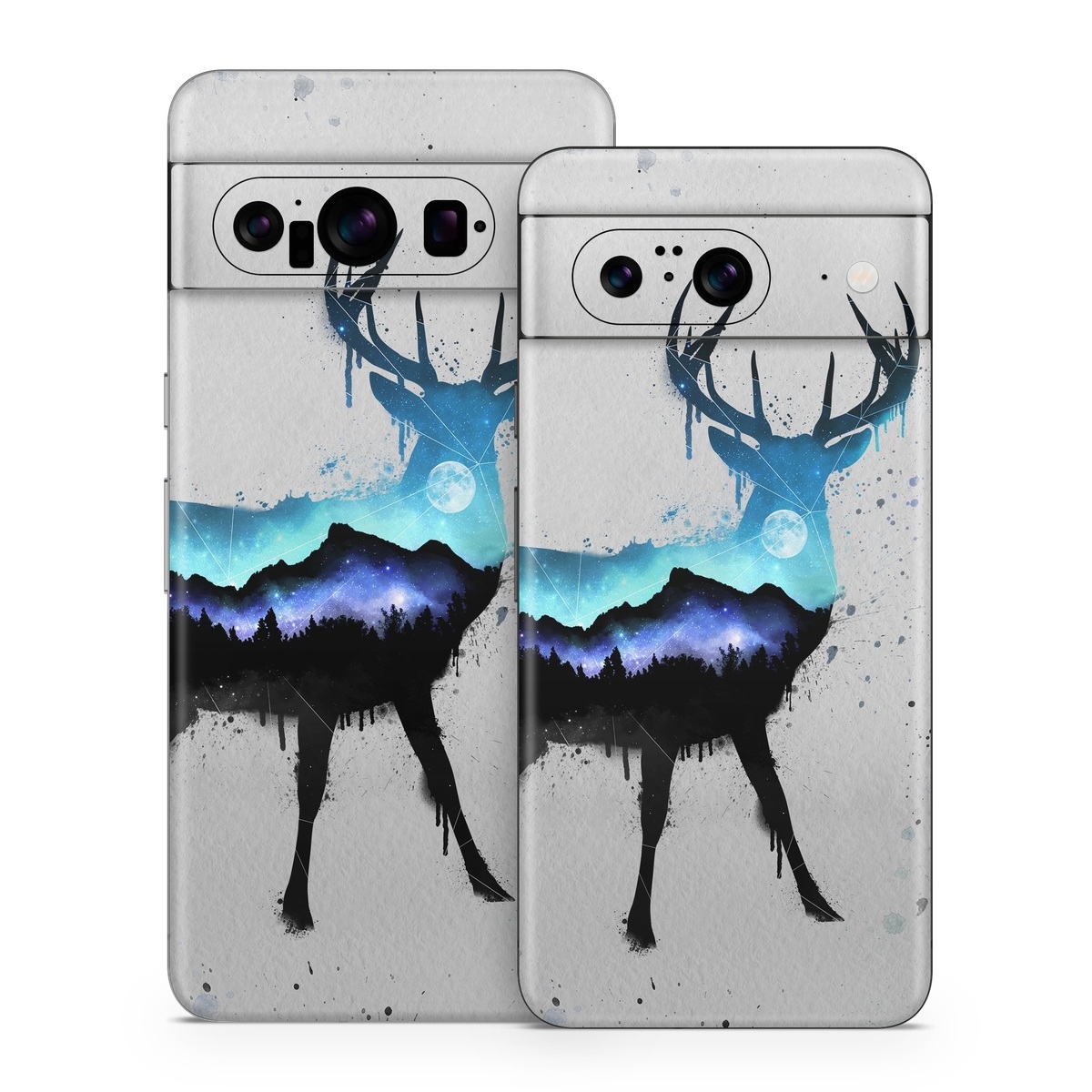 Google Pixel 8 Series Skin design of Reindeer, Deer, Illustration, Watercolor paint, Art, Elk, Wildlife, Drawing, Paint, Graphics, with gray, black, blue, purple, white colors