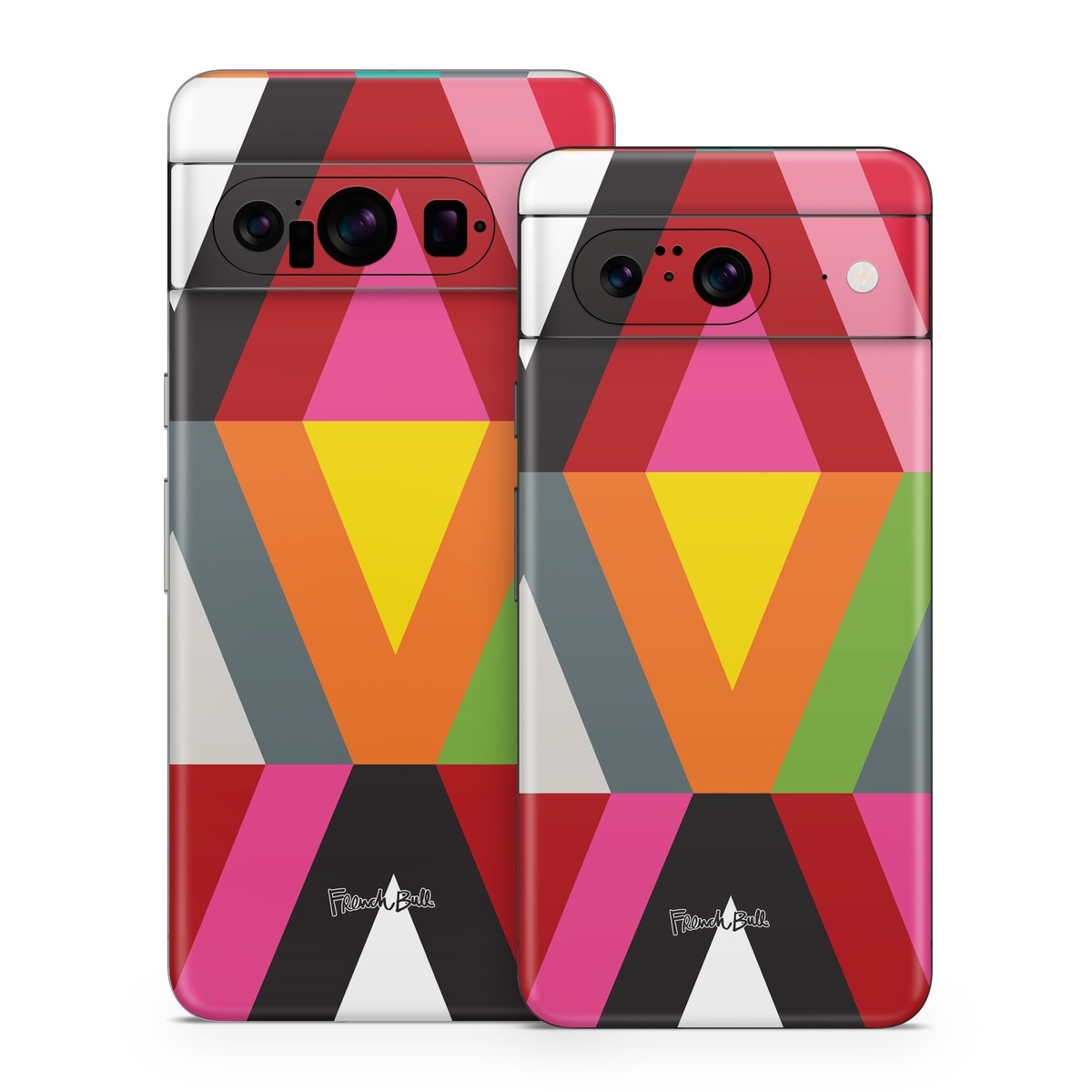 Google Pixel 8 Series Skin design of Pattern, Orange, Yellow, Graphic design, Colorfulness, Line, Design, Symmetry, Triangle, Font, with black, white, red, orange, pink, blue, green, gray colors