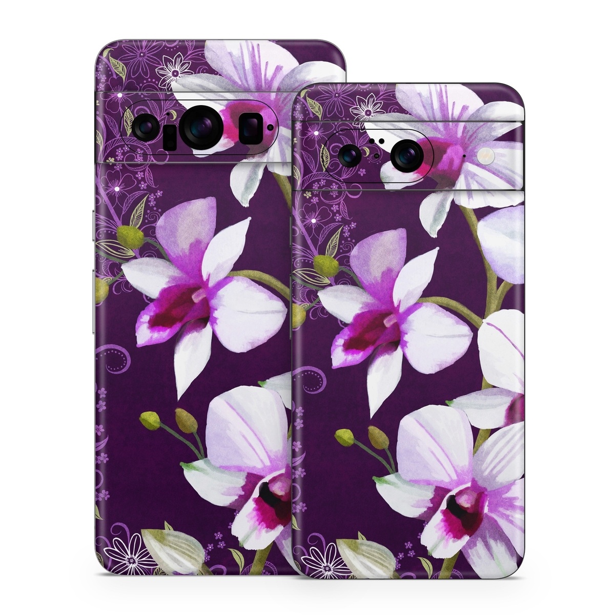 Google Pixel 8 Series Skin design of Flower, Purple, Petal, Violet, Lilac, Plant, Flowering plant, cooktown orchid, Botany, Wildflower, with black, gray, white, purple, pink colors