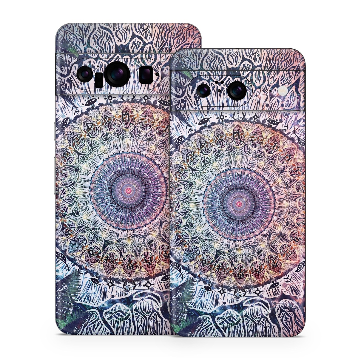 Google Pixel 8 Series Skin design of Tapestry, Pattern, Art, Close-up, Circle, Fractal art, Textile, Eye, Design, Kaleidoscope, with blue, red, yellow, purple, green colors