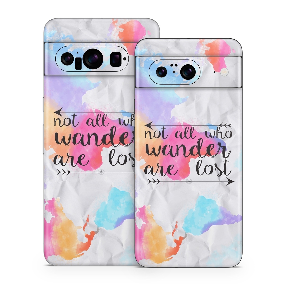 Google Pixel 8 Series Skin design of Font, Text, Calligraphy, Graphics, with black, white, orange, pink, red, blue, purple, yellow colors