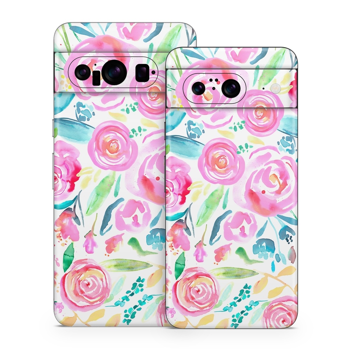 Google Pixel 8 Series Skin design of Flower, Plant, Petal, Pink, Art, Material property, Magenta, Flowering plant, Pattern, Rose family, with white, pink, green, blue, yellow colors