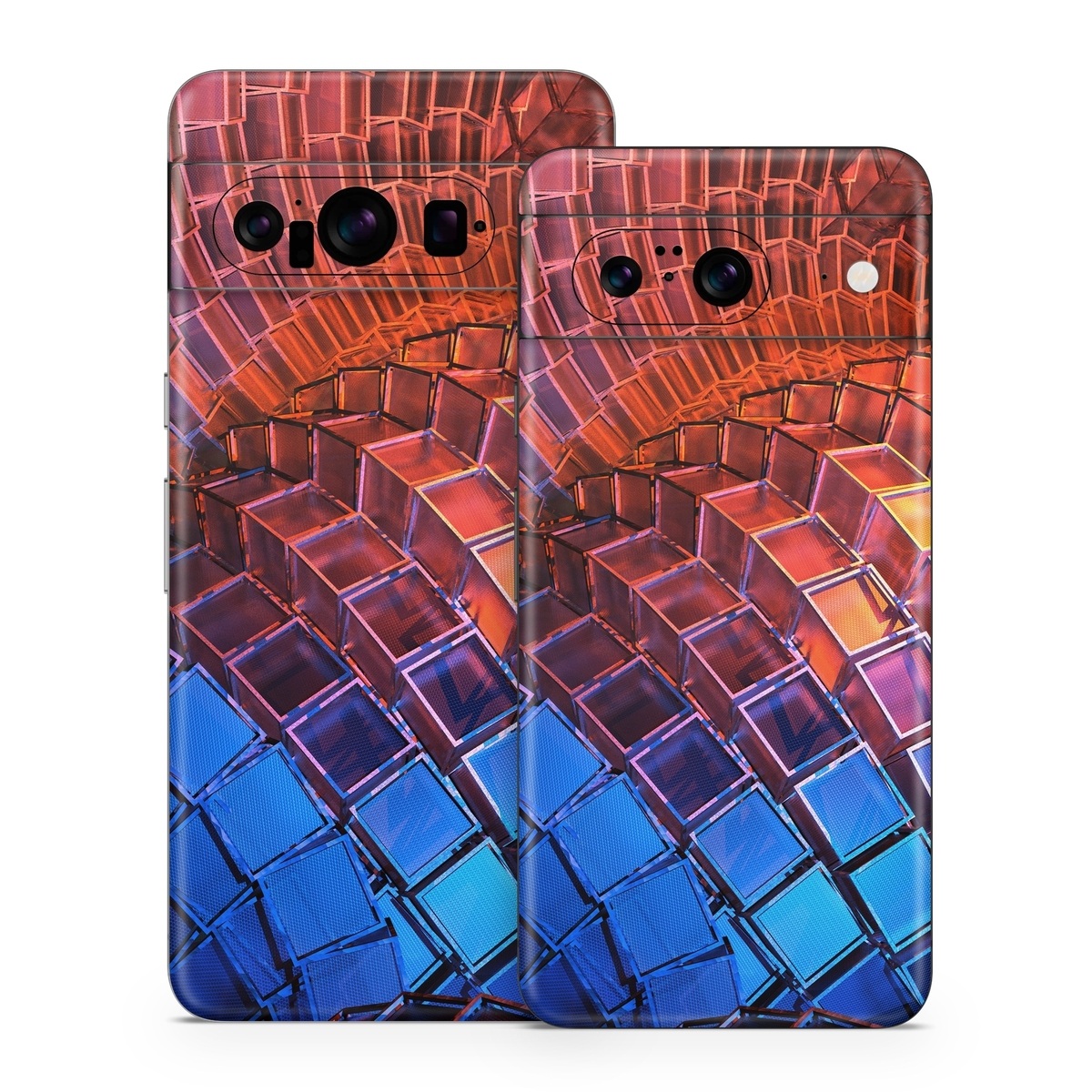 Google Pixel 8 Series Skin design of Blue, Red, Orange, Light, Pattern, Architecture, Design, Fractal art, Colorfulness, Psychedelic art, with black, red, blue, purple, gray colors