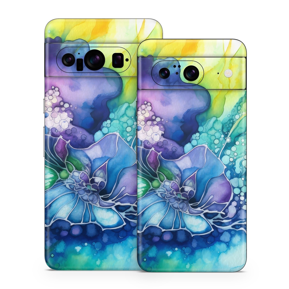 Google Pixel 8 Series Skin design of Flower, Plant, Art paint, Petal, Blue, Azure, Purple, Art, Paint, Painting, with blue, yellow, green, purple, white, orange colors