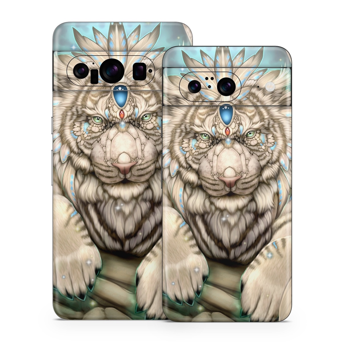 Google Pixel 8 Series Skin design of Mythical creature, Sleeve, Textile, Gesture, Felidae, Tattoo, Big cats, Font, Temporary tattoo, Painting, with white, blue, black, gray colors