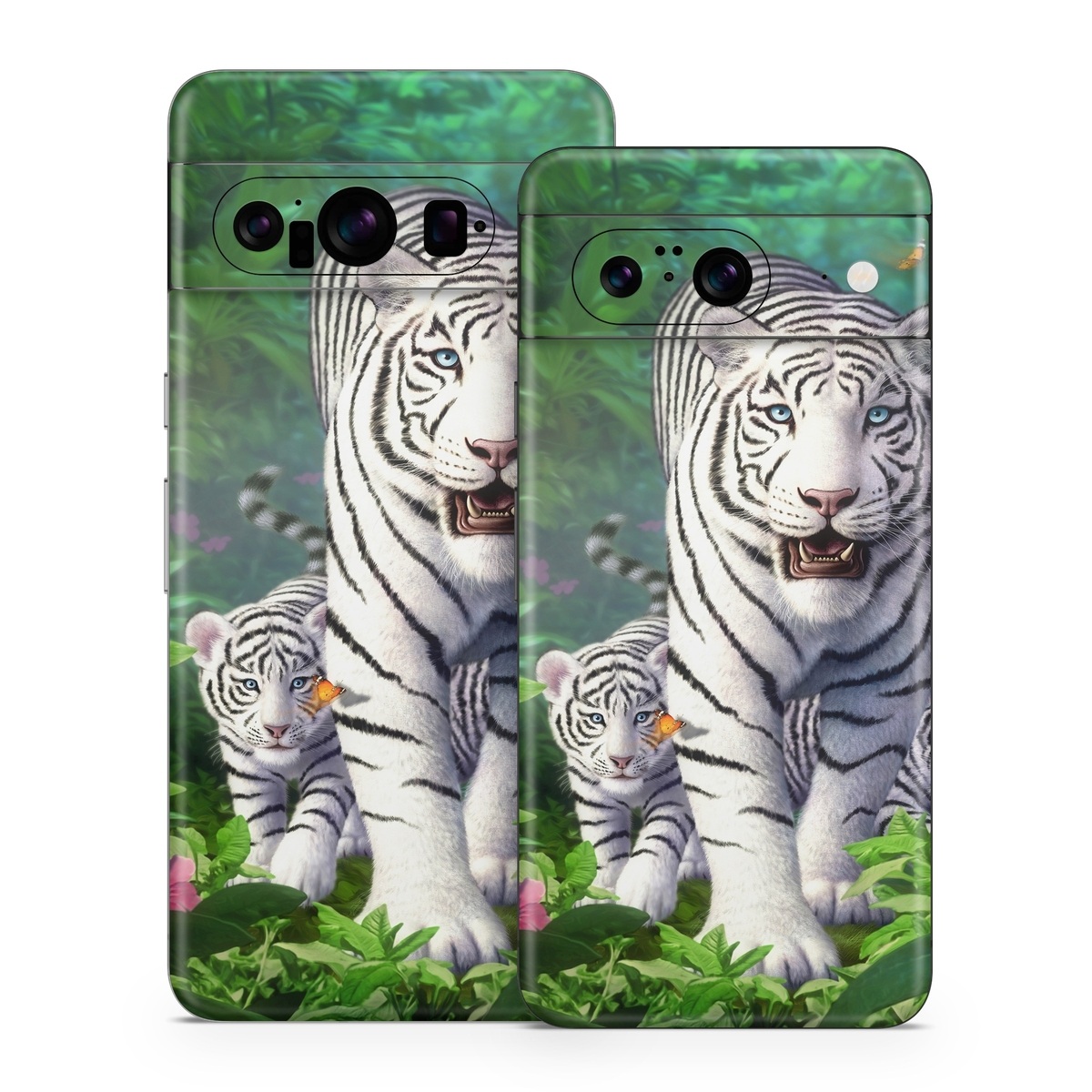 Google Pixel 8 Series Skin design of Plant, Eye, Plant community, Vertebrate, Felidae, Leaf, Botany, Carnivore, Organism, Terrestrial plant, with white, black, blue, green, pink, yellow colors