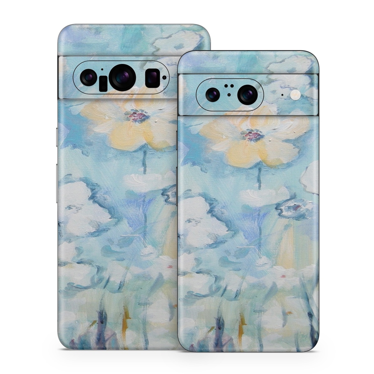 Google Pixel 8 Series Skin design of Blue, Watercolor paint, Painting, Flower, Plant, Art, Acrylic paint, Wildflower, Visual arts, Floral design, with gray, blue colors
