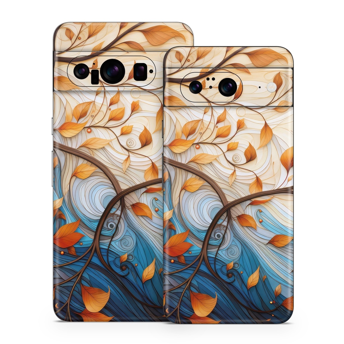 Google Pixel 8 Series Skin design of Dishware, Orange, Textile, Sleeve, Serveware, Petal, Pattern, Porcelain, Electric blue, Art, with yellow, orange, red, white, blue, brown colors