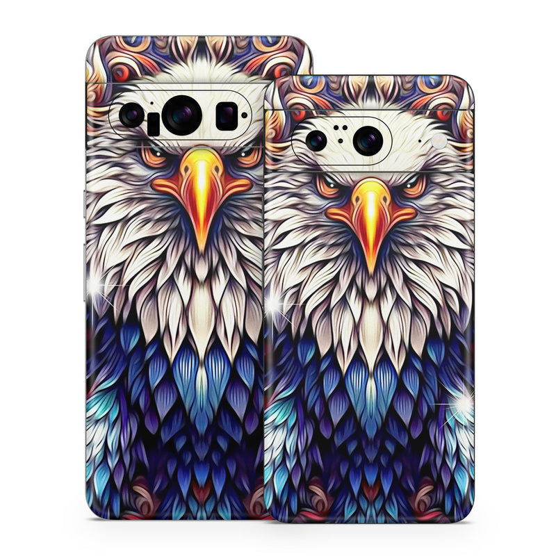 Google Pixel 8 Series Skin design of Accipitridae, Bird of prey, Eagle, Wing, Beak, Accipitriformes, Bird, Falconiformes, Bald eagle, Sea eagle, with red, blue, white, yellow, orange, brown, gray colors
