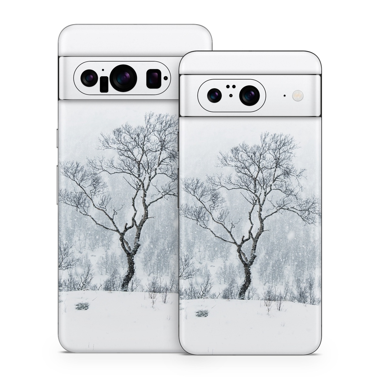 Google Pixel 8 Series Skin design of Snow, Winter, Tree, Nature, White, Sky, Atmospheric phenomenon, Natural landscape, Freezing, Blizzard, with white, gray, black colors