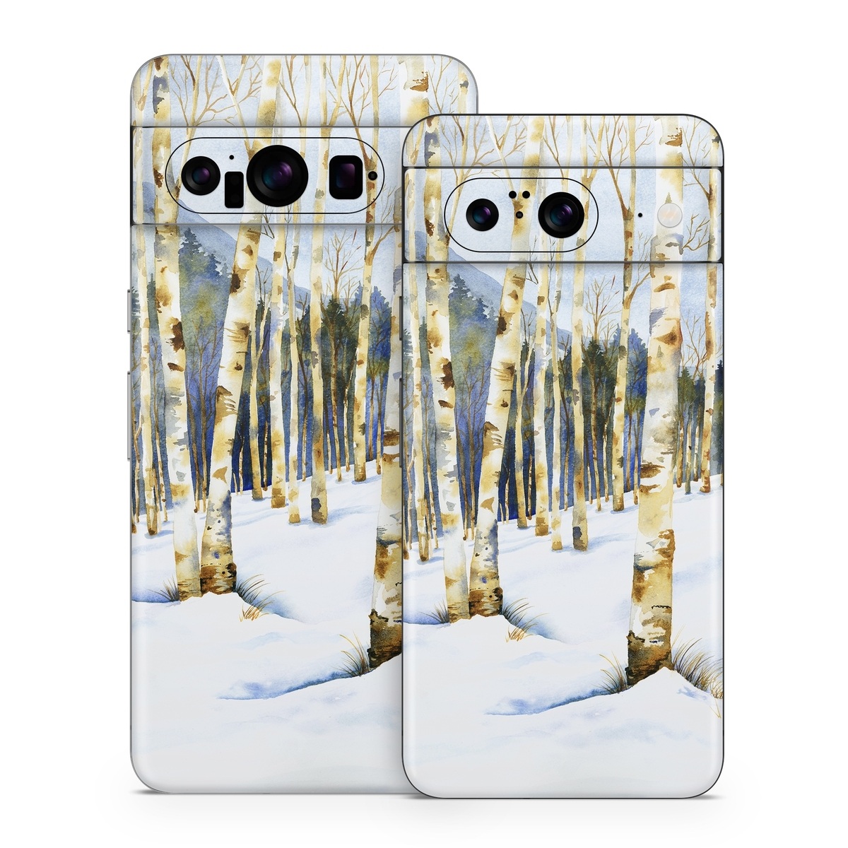 Google Pixel 8 Series Skin design of Tree, Snow, Winter, Canoe birch, Nature, Birch, Forest, Natural environment, Freezing, Woody plant, with white, brown, black, gray colors