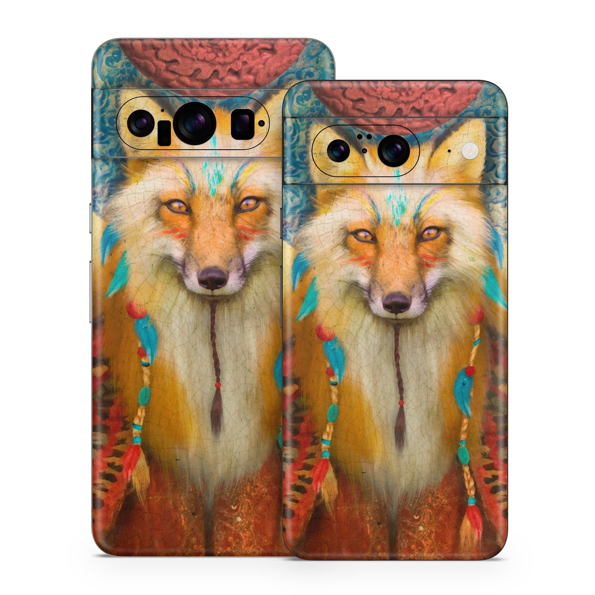 Google Pixel 8 Series Skin design of Red fox, Canidae, Fox, Wildlife, Swift fox, Carnivore, Jackal, Fur, Snout, Art, with red, black, gray, green, blue colors