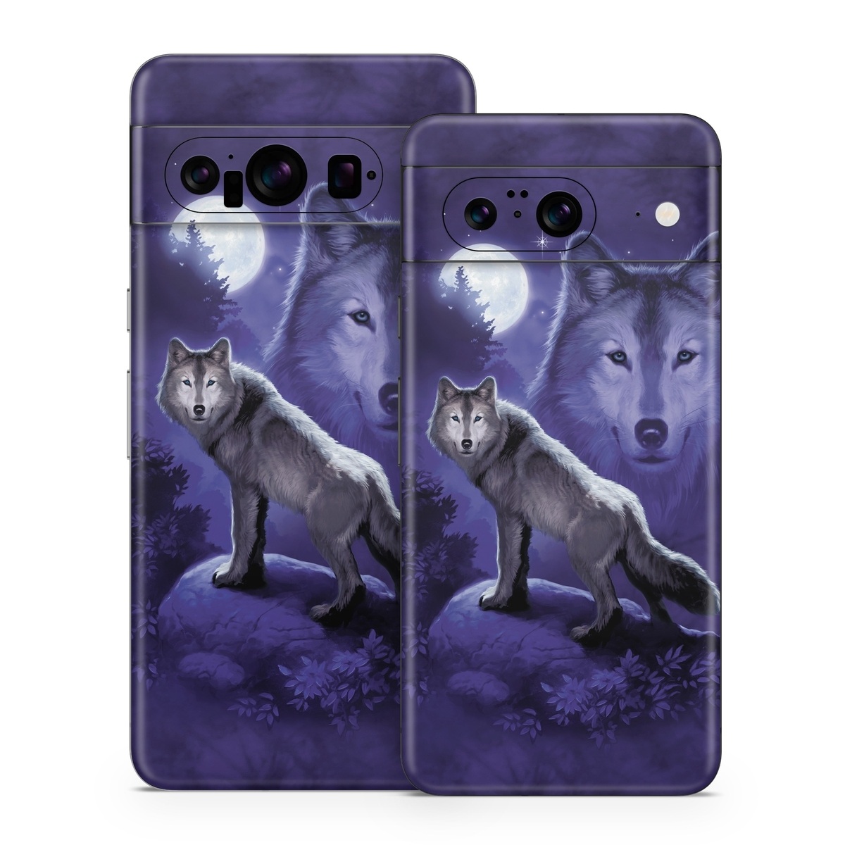 Google Pixel 8 Series Skin design of Wolf, Canidae, canis lupus tundrarum, Canis, Wolfdog, Dog, Native american indian dog, Wildlife, Sakhalin husky, Moonlight, with blue, black, gray colors