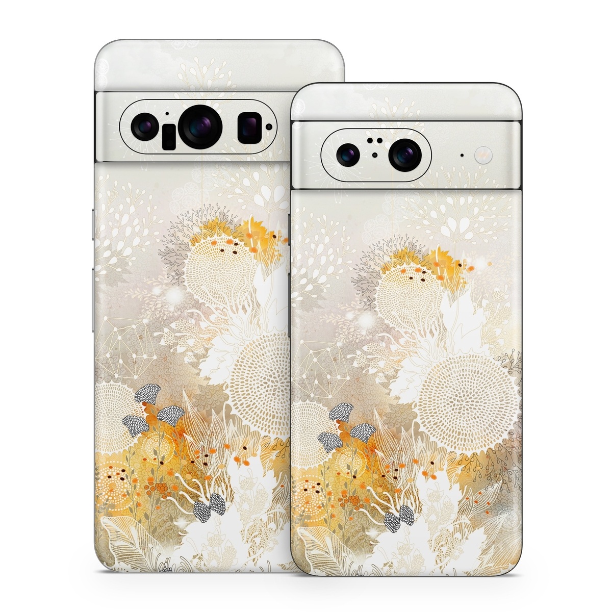 Google Pixel 8 Series Skin design of Pattern, Floral design, Flower, Plant, Illustration, camomile, Wildflower, Art, with gray, yellow, pink, white, green colors