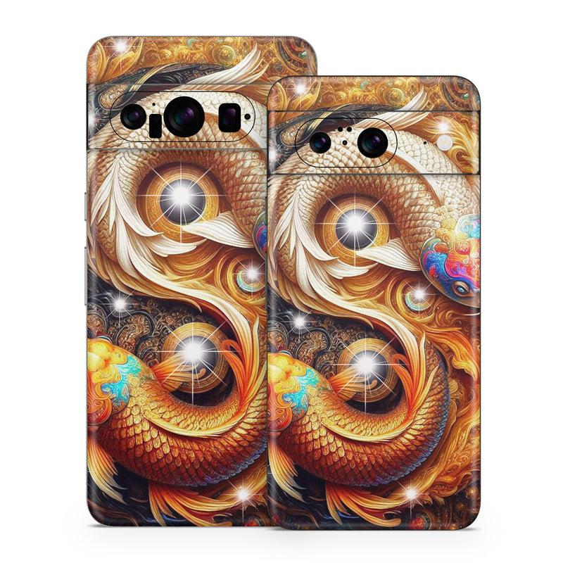 Google Pixel 8 Series Skin design of Fractal art, Graphic design, Design, Fictional character, Graphics, Mythical creature, Modern art, Scaled reptiles, Mythology, Serpent, with red, orange, yellow, brown, blue, green, white, black colors