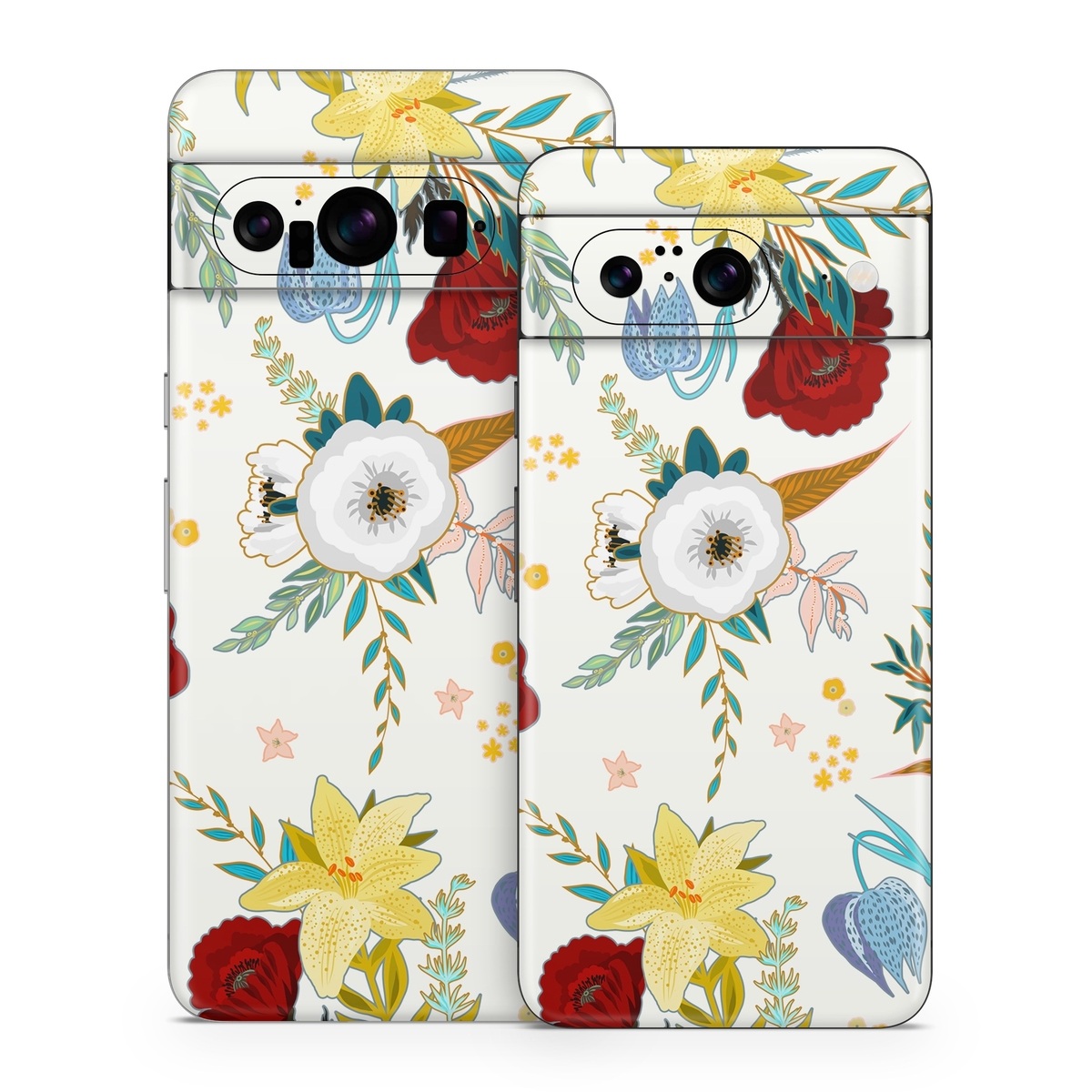 Google Pixel 8 Series Skin design of Floral design, Pattern, Wrapping paper, Botany, Design, Flower, Wallpaper, Plant, Clip art, Pedicel, with white, blue, red, yellow, pink, orange colors