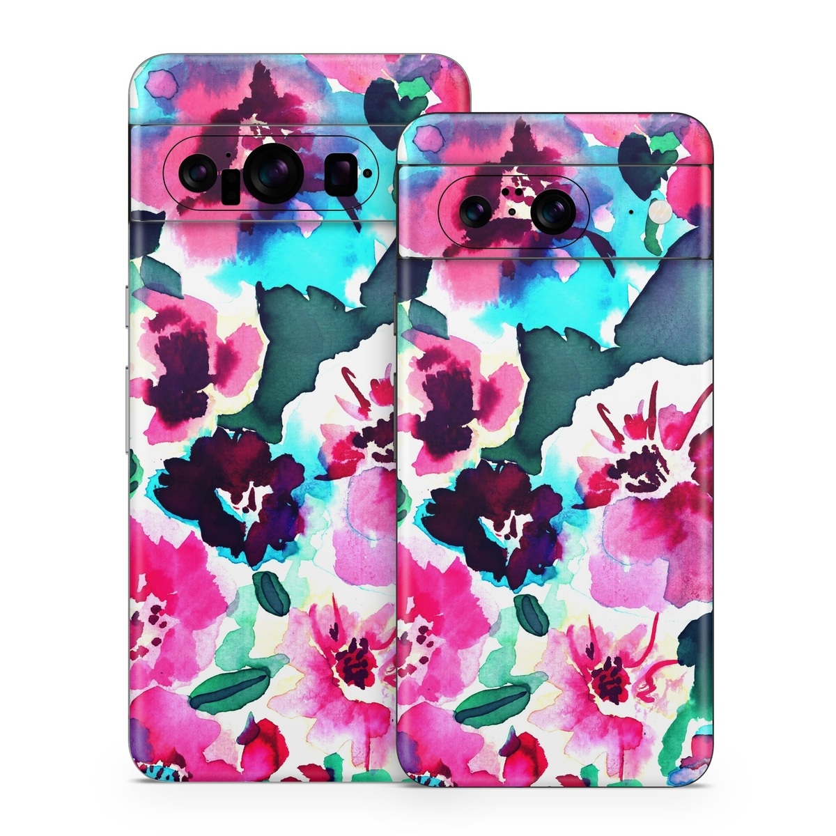 Google Pixel 8 Series Skin design of Flower, Pink, Petal, Plant, Pattern, Hawaiian hibiscus, Design, Magenta, Flowering plant, Watercolor paint, with white, pink, blue, green, red colors