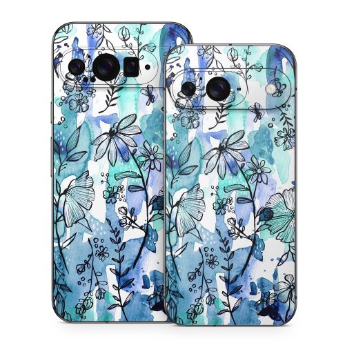 Blue Ink Floral Google Pixel 9 Series Skin