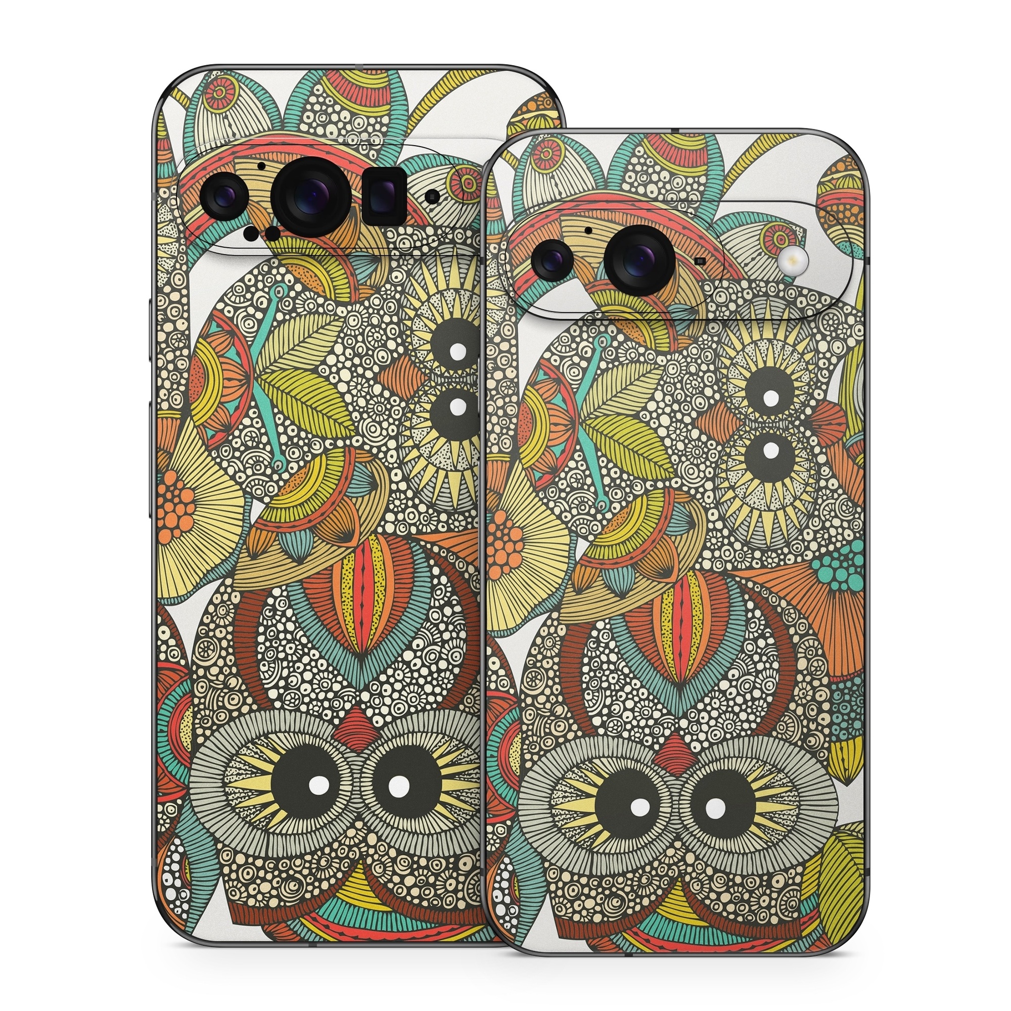 Google Pixel 9 Series Skin design of Owl, Pattern, Visual arts, Art, Design, Textile, Illustration, Motif, Bird, with white, green, orange, yellow, blue, red colors