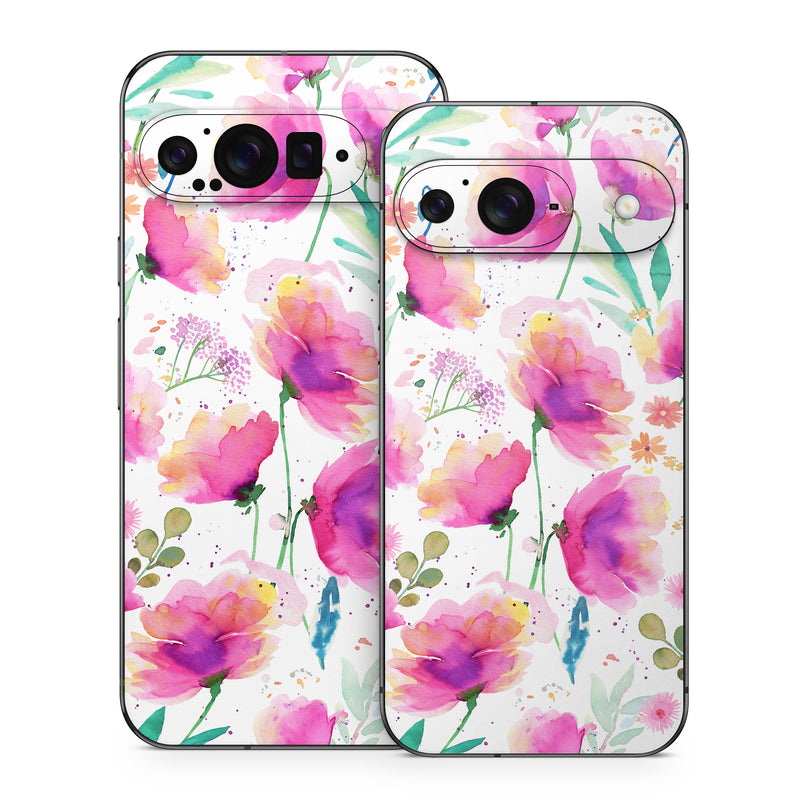 Google Pixel 9 Series Skin design of Pink, Watercolor painting, Art Paint, Creative arts, Paint, Floral design, Geraniums, with white, pink, purple, green, yellow, orange colors