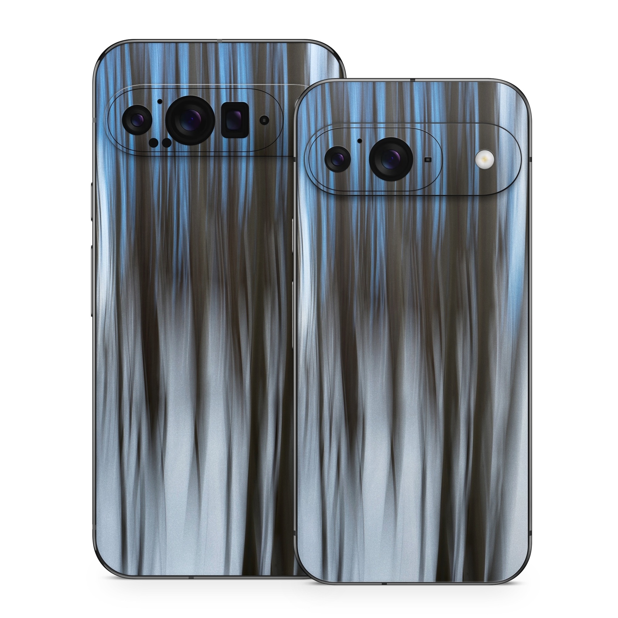 Google Pixel 9 Series Skin design of Water, Blue, Natural environment, Tree, Forest, Line, Waterfall, Plant, Black-and-white, Reflection, with black, white, blue colors