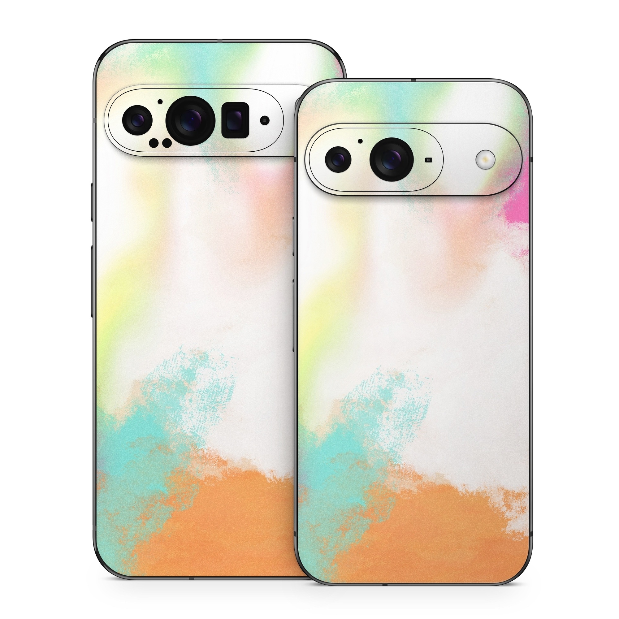 Google Pixel 9 Series Skin design of Sky, Yellow, Orange, Pink, Art, Illustration, Visual Arts, Pattern, Colorfulness, Watercolor Paint, with white, pink, orange, yellow, blue, brown colors