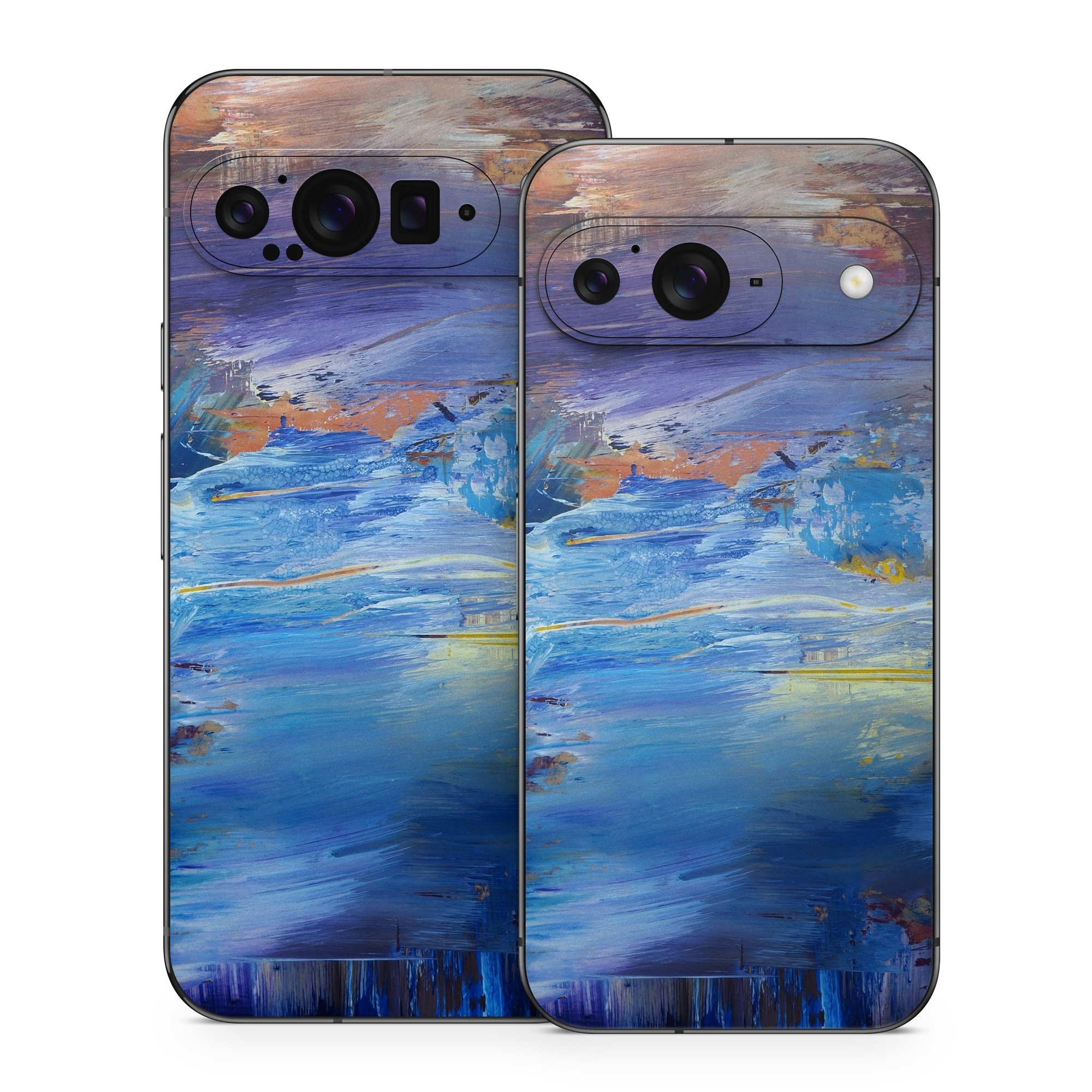 Google Pixel 9 Series Skin design of Painting, Blue, Modern art, Acrylic paint, Sky, Watercolor paint, Art, Visual arts, Paint, Electric blue, with blue, purple, yellow, brown, orange, black colors