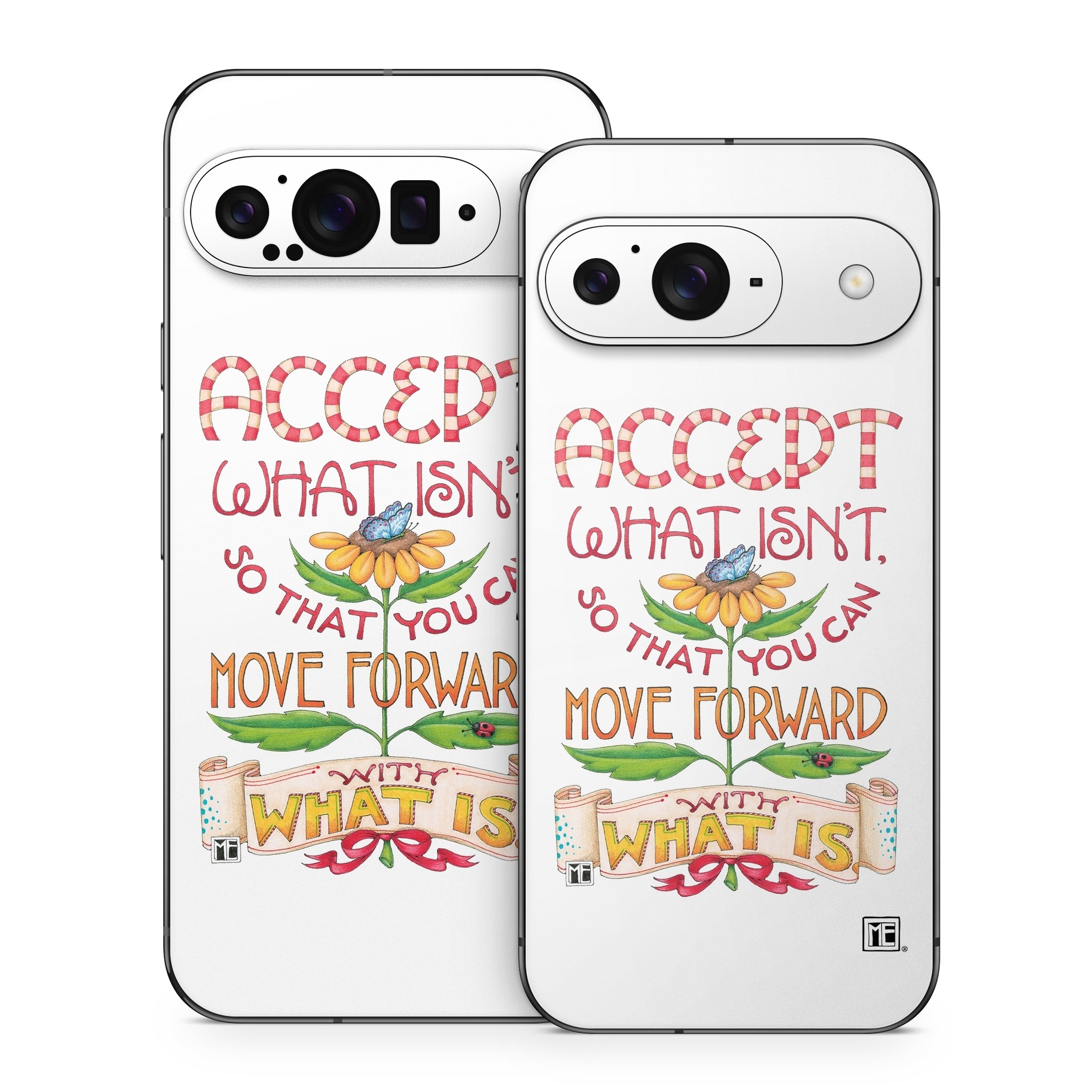 Google Pixel 9 Series Skin design of Butterfly, Sun-Flower, Leaves, with white, red, green, brown, yellow, blue, orange, black colors