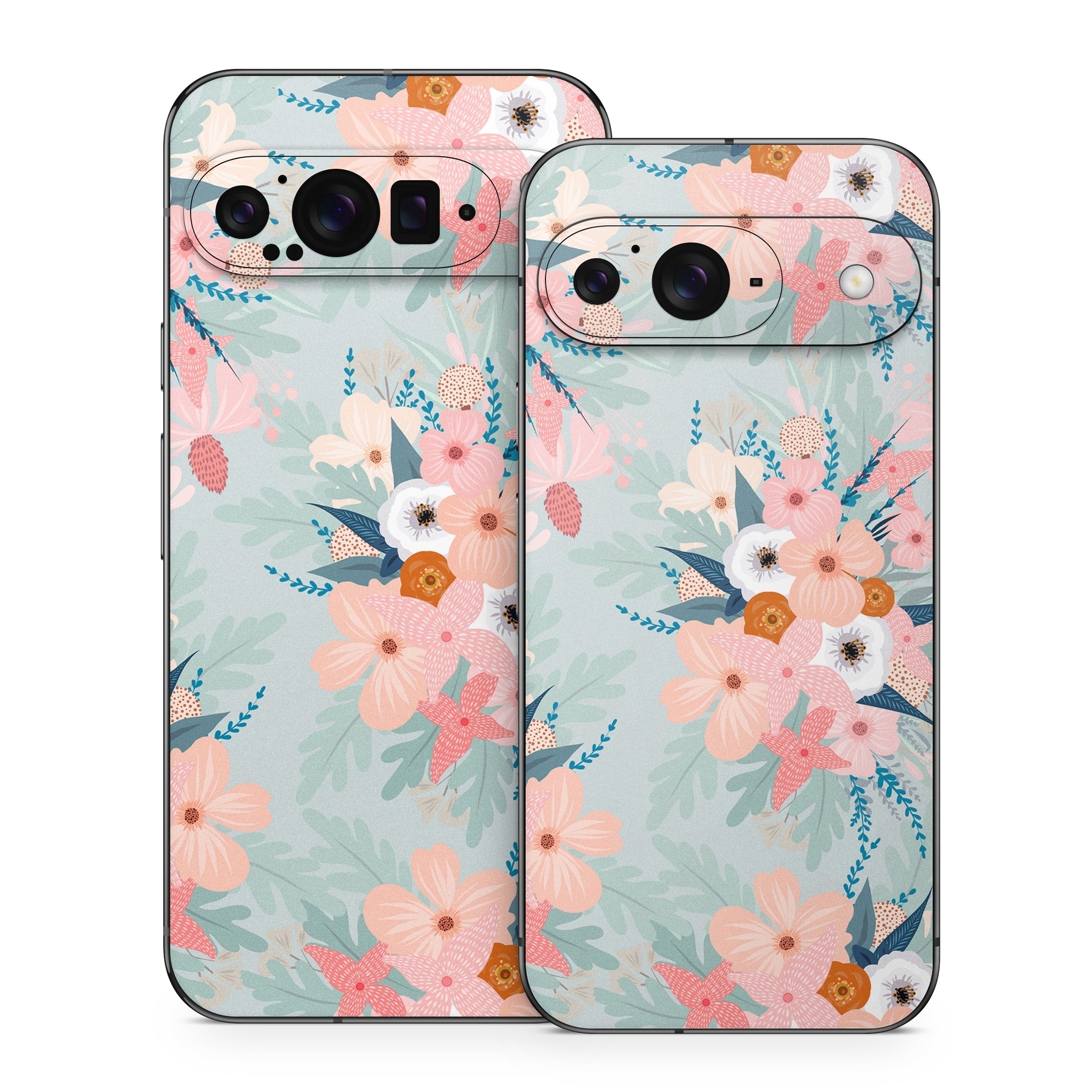 Google Pixel 9 Series Skin design of Pattern, Aqua, Wrapping paper, Textile, Design, Floral design, Wildflower, Plant, Pedicel, Blossom, with pink, red, blue, white colors