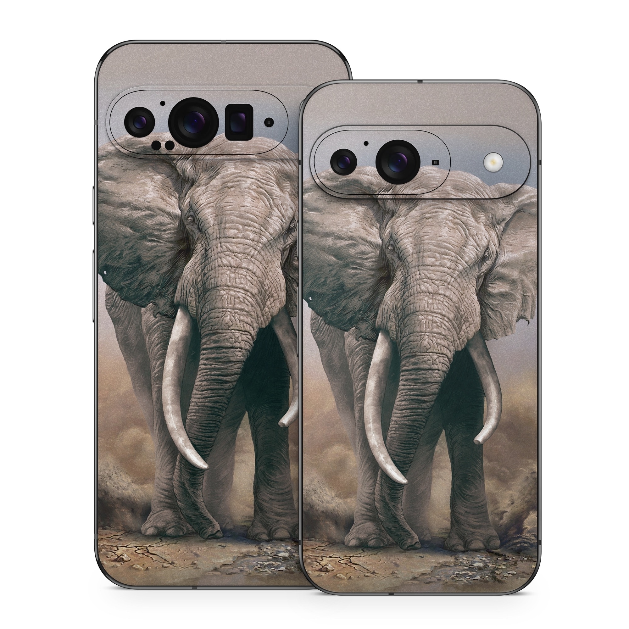 Google Pixel 9 Series Skin design of Elephants and Mammoths, Terrestrial animal, Indian elephant, African elephant, Wildlife, Tusk, Snout, Organism, Working animal, Illustration, with brown, gray, white colors