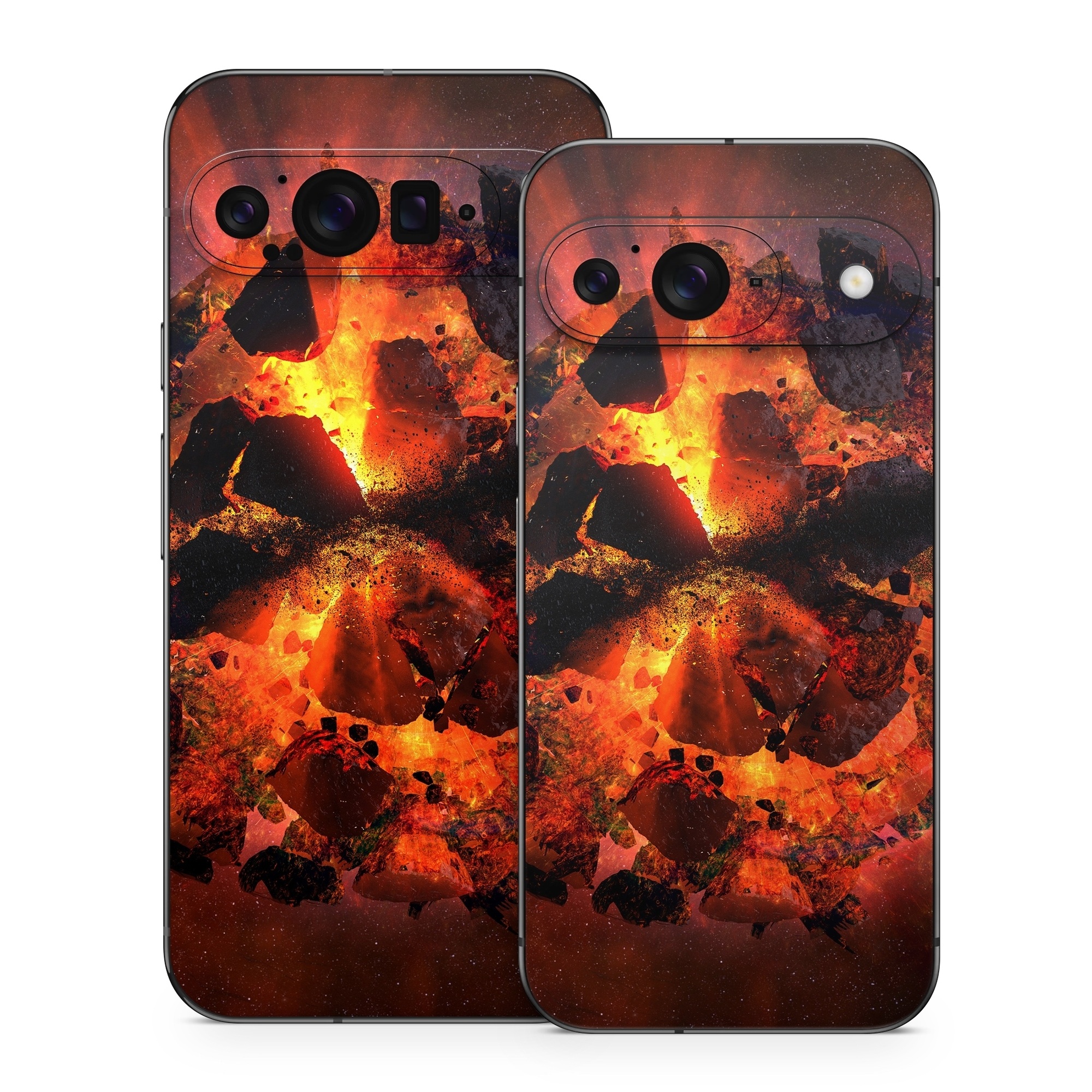 Google Pixel 9 Series Skin design of Flame, Heat, Fire, Space, Atmosphere, Charcoal, Explosion, Geological phenomenon, Ash, Graphics, with black, red colors