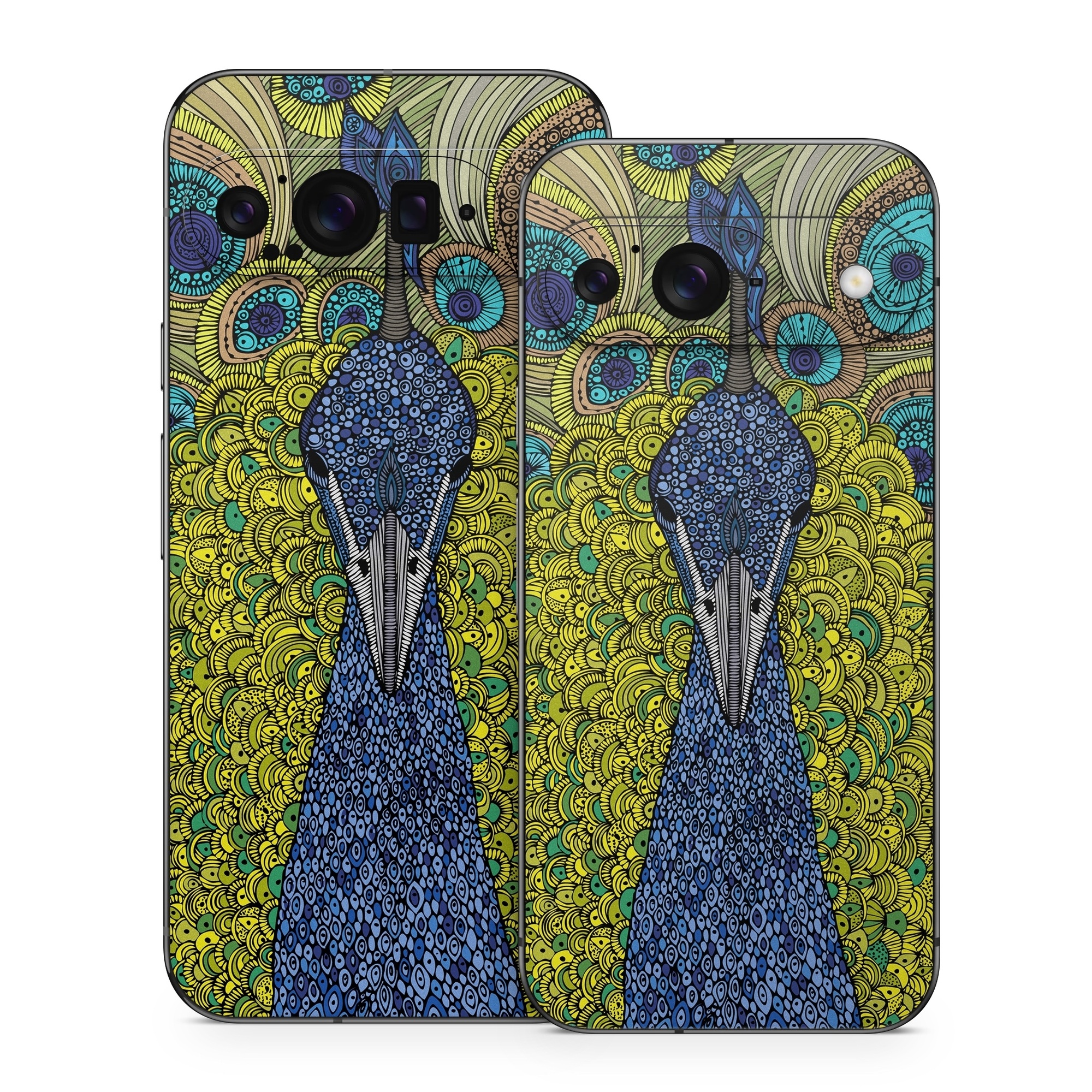 Google Pixel 9 Series Skin design of Peafowl, Bird, Feather, Pattern, Art, Phasianidae, Galliformes, Design, Psychedelic art, Symmetry, with green, blue, yellow colors