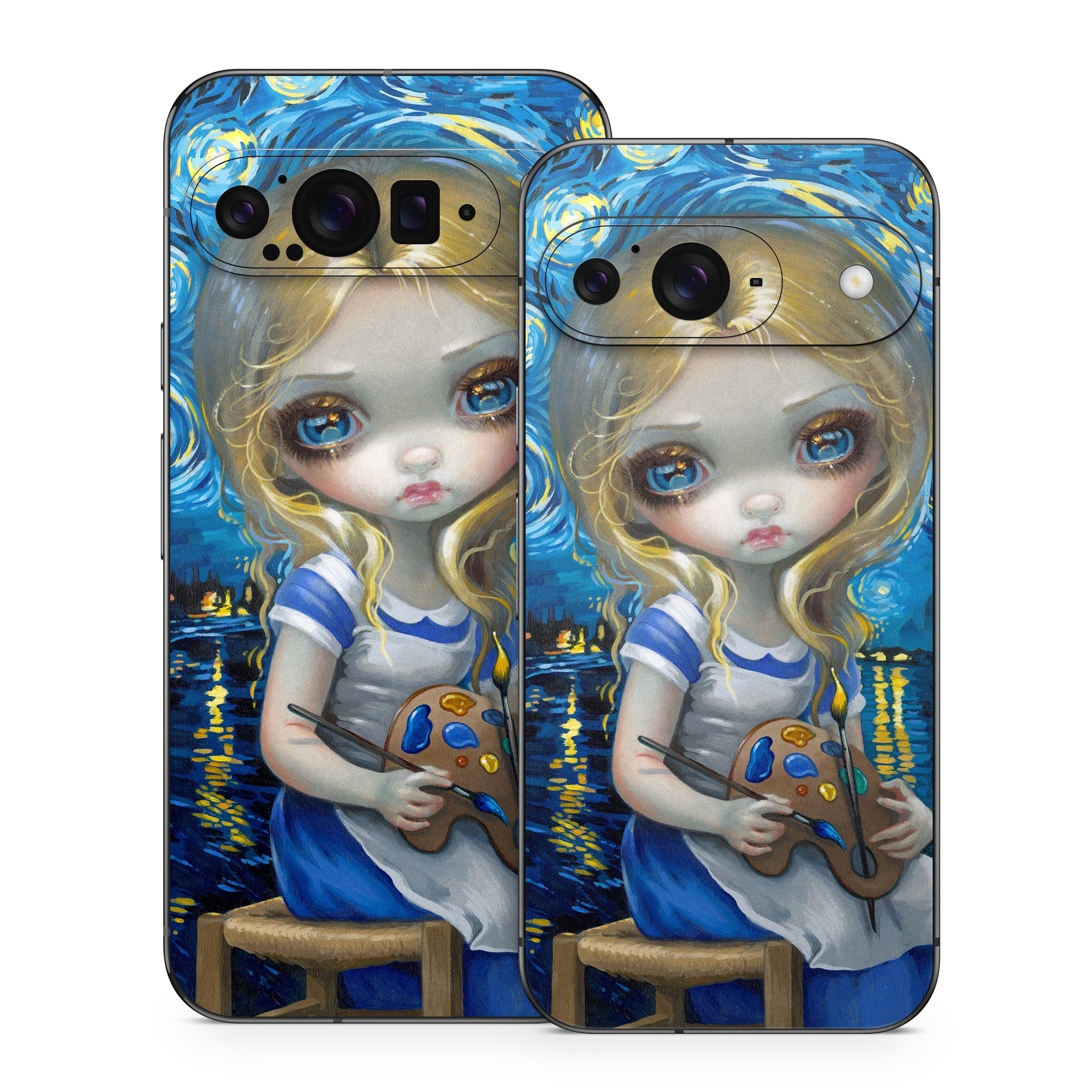 Google Pixel 9 Series Skin design of Blue, Illustration, Cg artwork, Doll, Art, Acrylic paint, Painting, Toy, Fictional character, Visual arts, with blue, yellow, white, brown, red colors