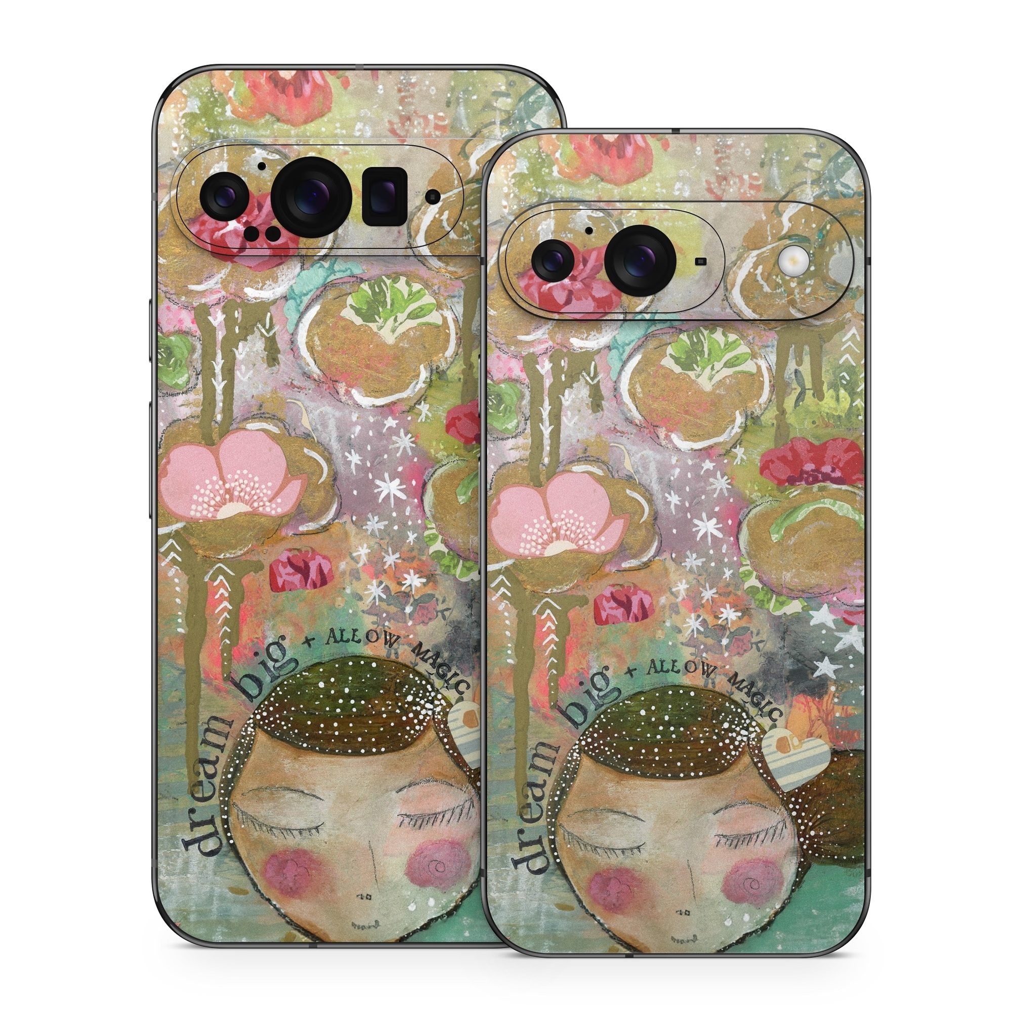 Google Pixel 9 Series Skin design of Painting, Pink, Illustration, Art, Child art, Watercolor paint, Drawing, Visual arts, Still life, with brown, pink, red, green, white, black, orange, gray colors