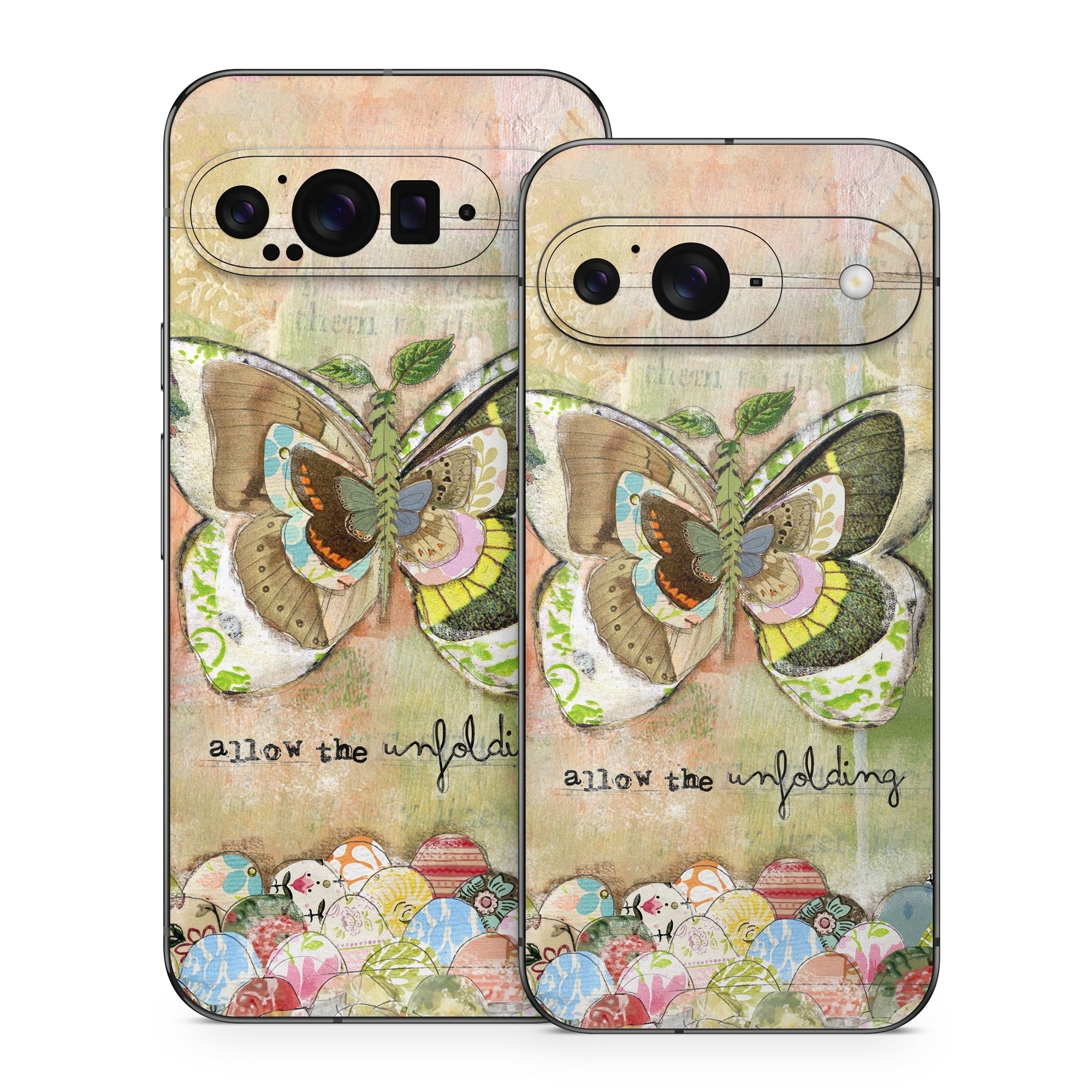 Google Pixel 9 Series Skin design of Butterfly, Art, Fictional character, Pollinator, Moths and butterflies, Watercolor paint, Illustration, with green, brown, yellow, blue, pink, red colors
