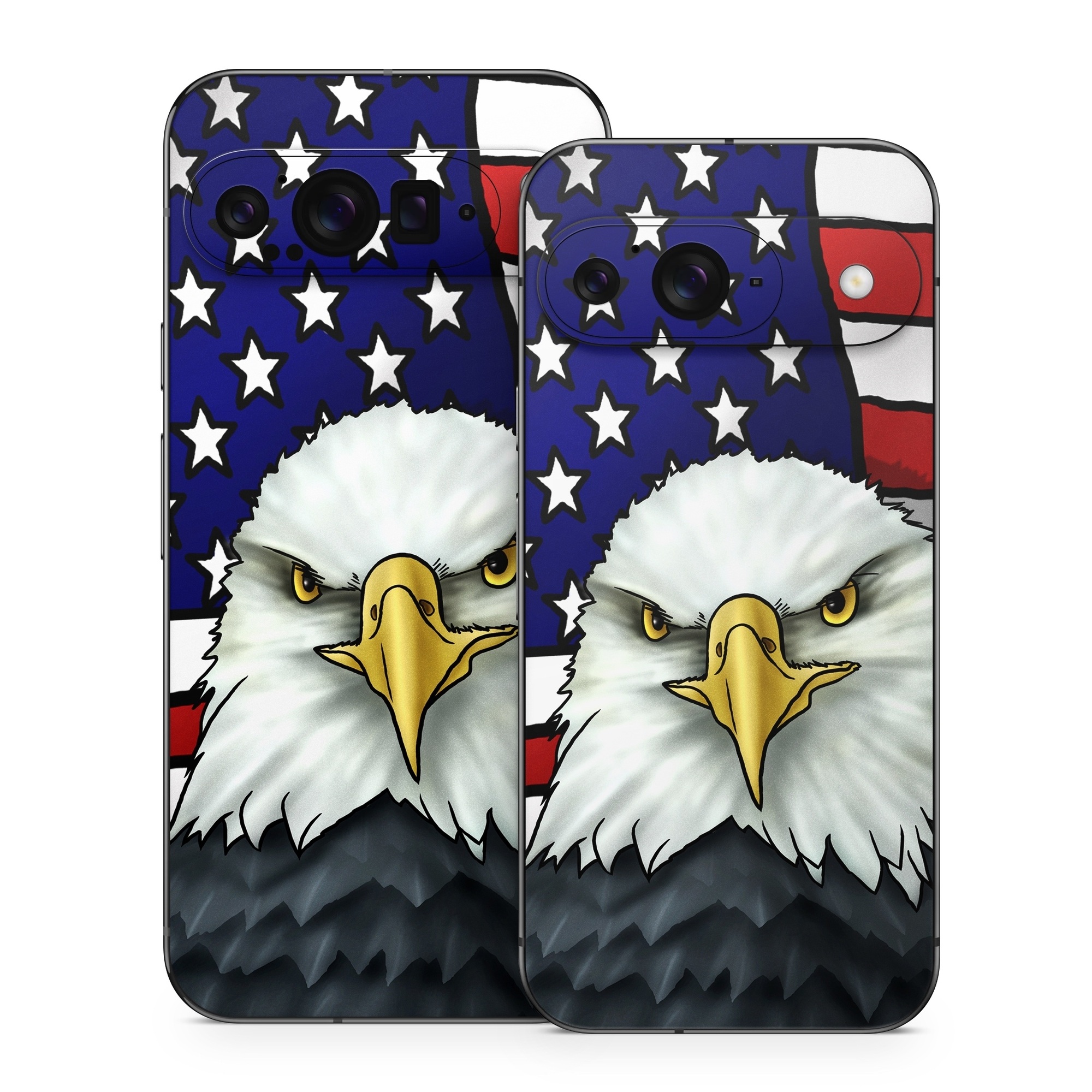 Google Pixel 9 Series Skin design of Bald eagle, Eagle, Bird, Bird of prey, Accipitridae, Beak, Accipitriformes, Sea eagle, Flag, with white, gray, blue, yellow, red colors