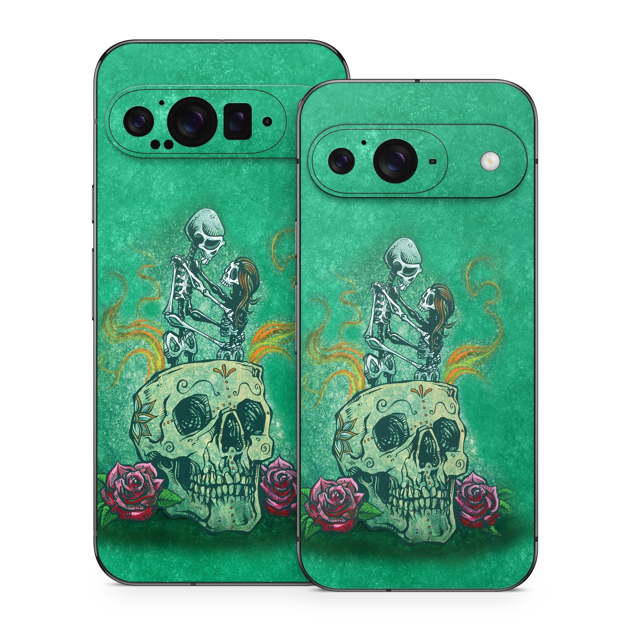 Google Pixel 9 Series Skin design of Bone, Skull, Aqua, Pattern, Electric blue, Fashion accessory, Font, Fictional character, Art, Grass, with green, pink, red, yellow, orange, white, gray colors