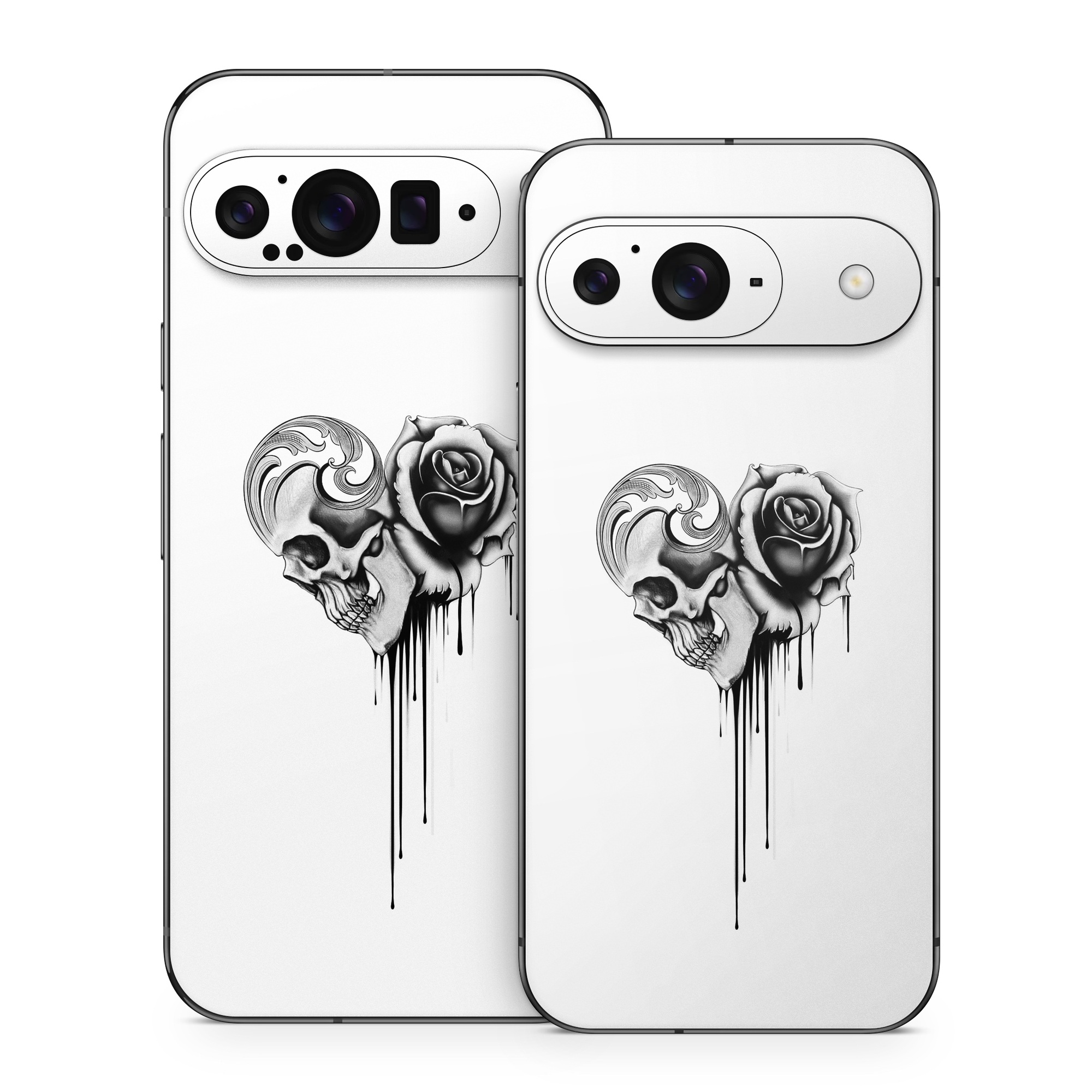 Google Pixel 9 Series Skin design of Black-and-white, Illustration, Monochrome, Rose, Plant, Style, Metal, Drawing, with white, black, gray colors