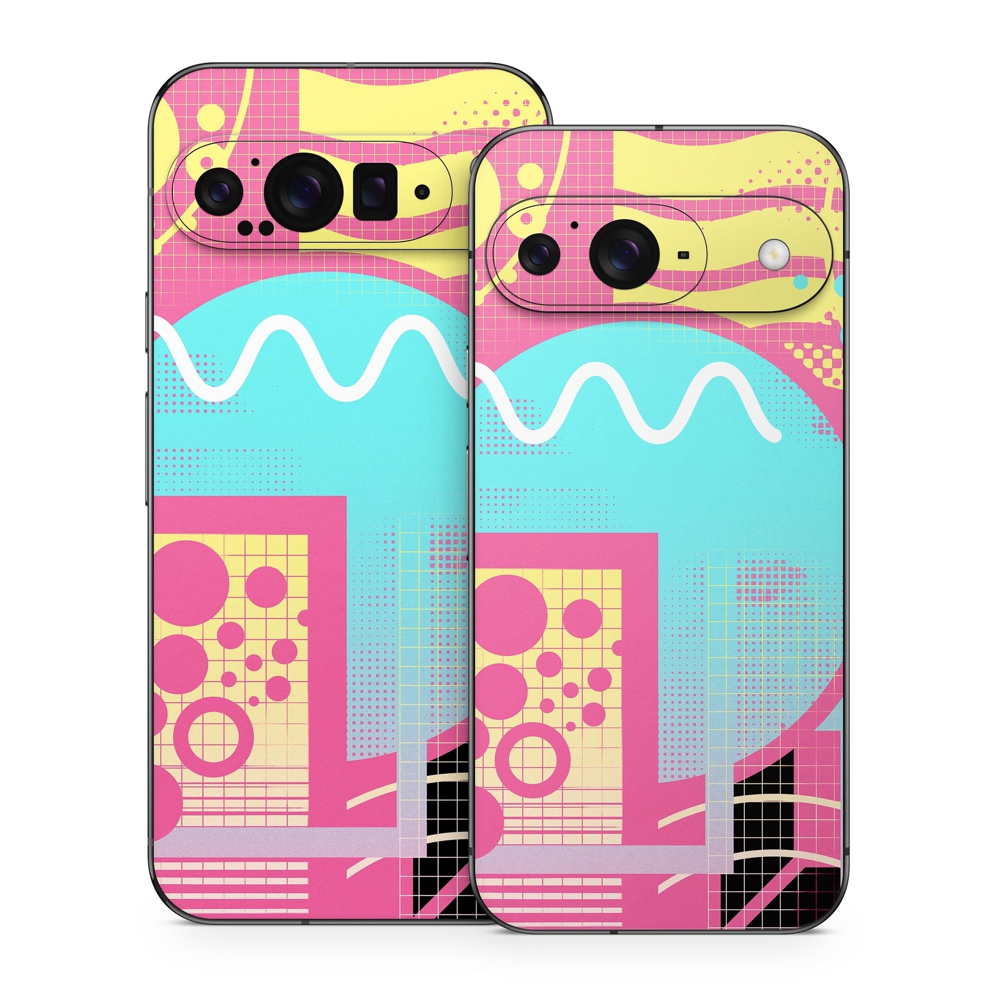 Google Pixel 9 Series Skin design of Textile, Organism, Font, Art, Pink, Rectangle, Line, Aqua, Magenta, Circle, with pink, yellow, blue, black, white colors