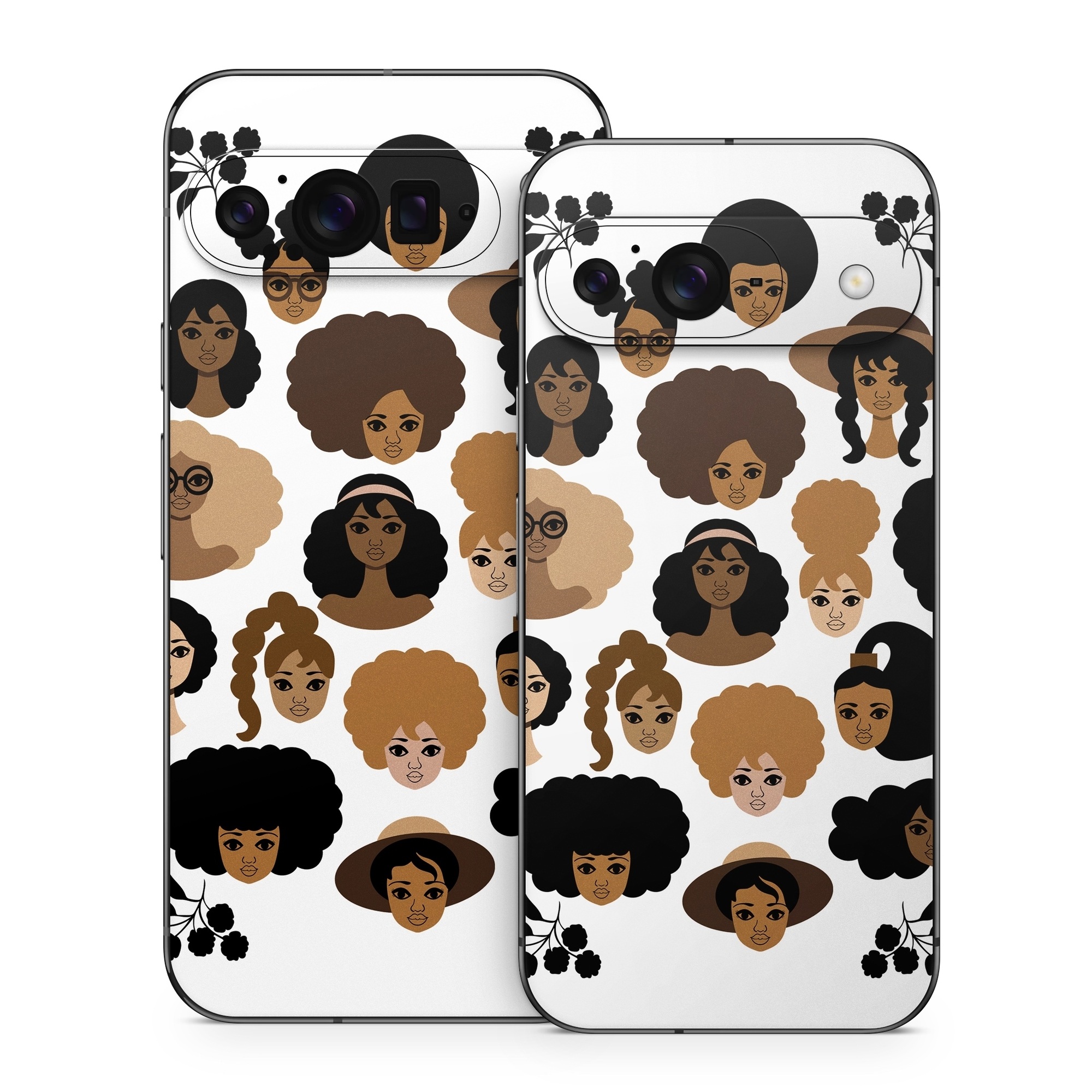Google Pixel 9 Series Skin design of Hair, People, Facial expression, Hairstyle, Cartoon, Head, Afro, Clip art, Font, Black hair, with black, brown, white colors