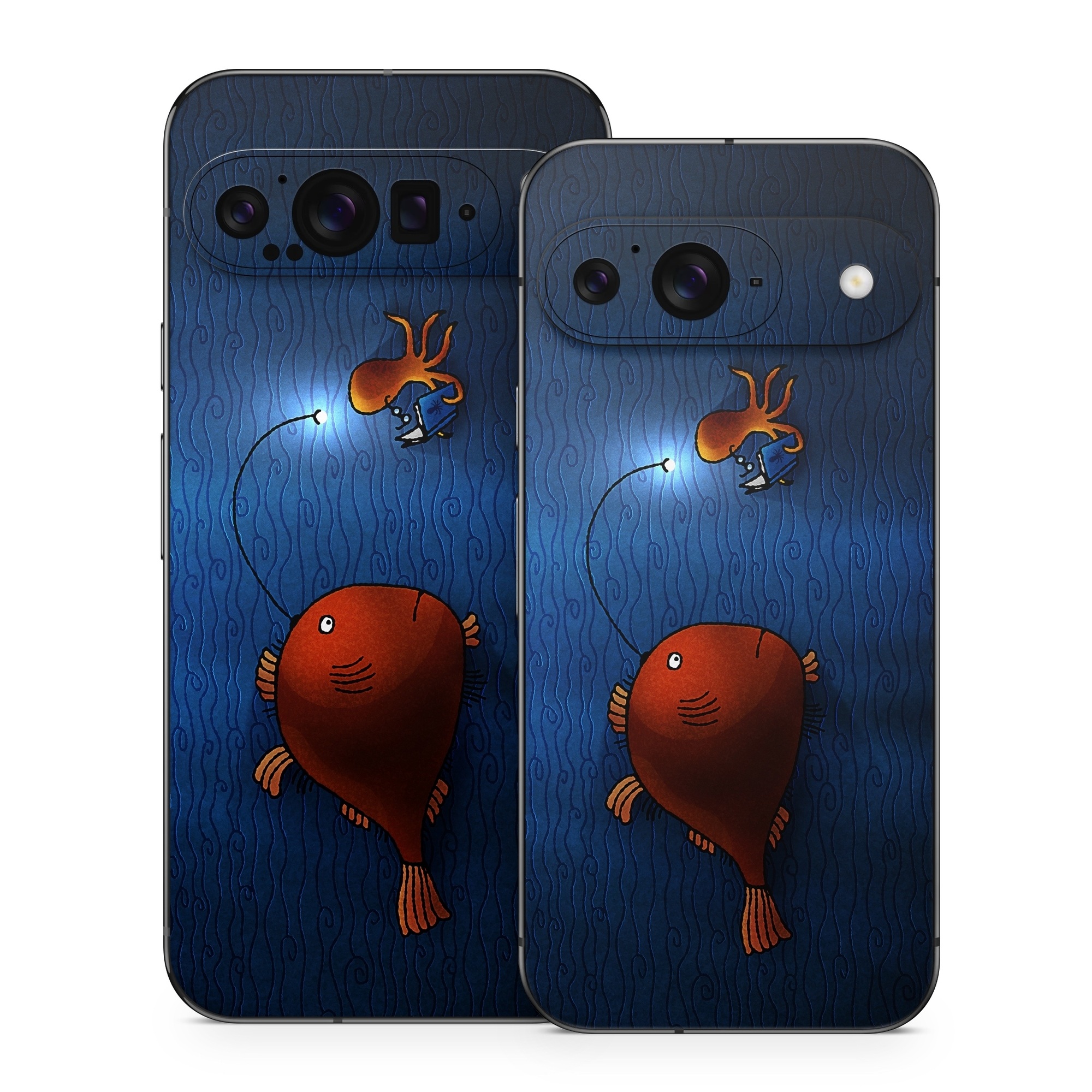 Google Pixel 9 Series Skin design of Deep sea fish, Anglerfish, Illustration, Fish, Animation, Art, with blue, red colors