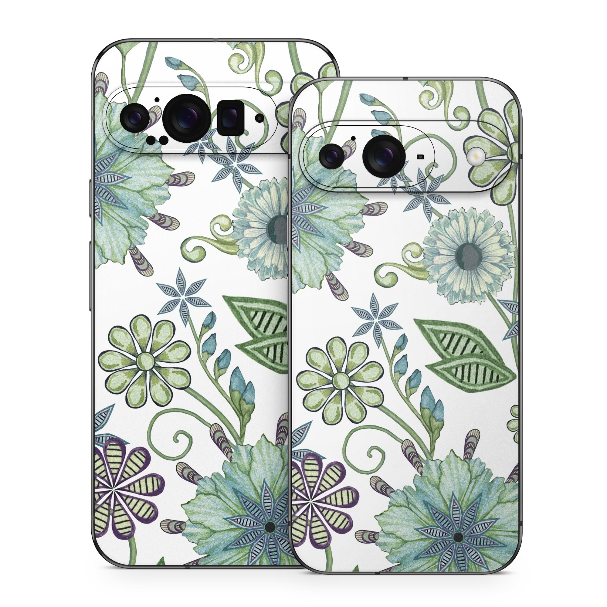 Google Pixel 9 Series Skin design of Green, Pattern, Flower, Botany, Plant, Leaf, Design, Wildflower, with white, green, blue colors